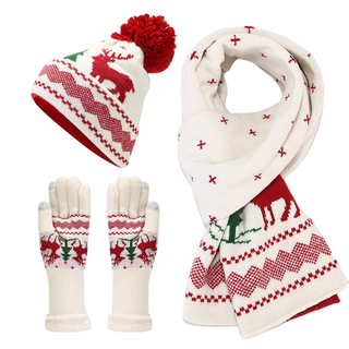 Gro&szlig;handels-kundenspezifisches Frauen-Polyester-warmes Weihnachtsstrickm&uuml;tze-Schal-Handschuh-Set f&uuml;r Werbeverteiler 